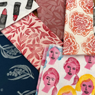 Multiple examples of hand printed fabric 