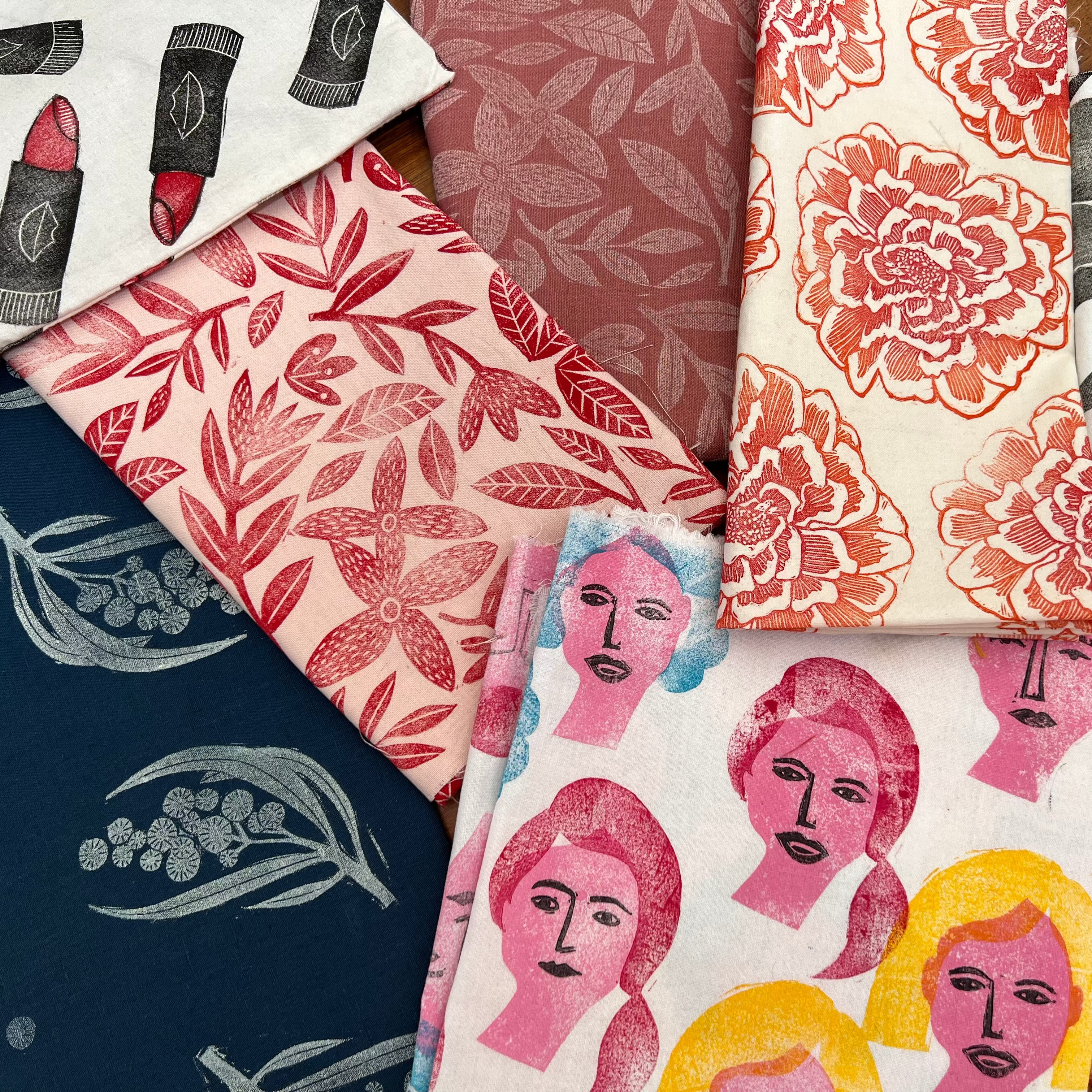 Multiple examples of hand printed fabric 
