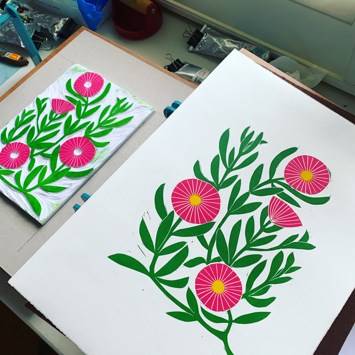 Pigface flower linoprint, native Australian flower art print, Pigface print, handmade in Sydney