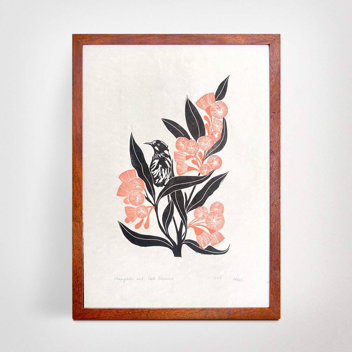 Honeyeater and Gum Blossoms Linoprint