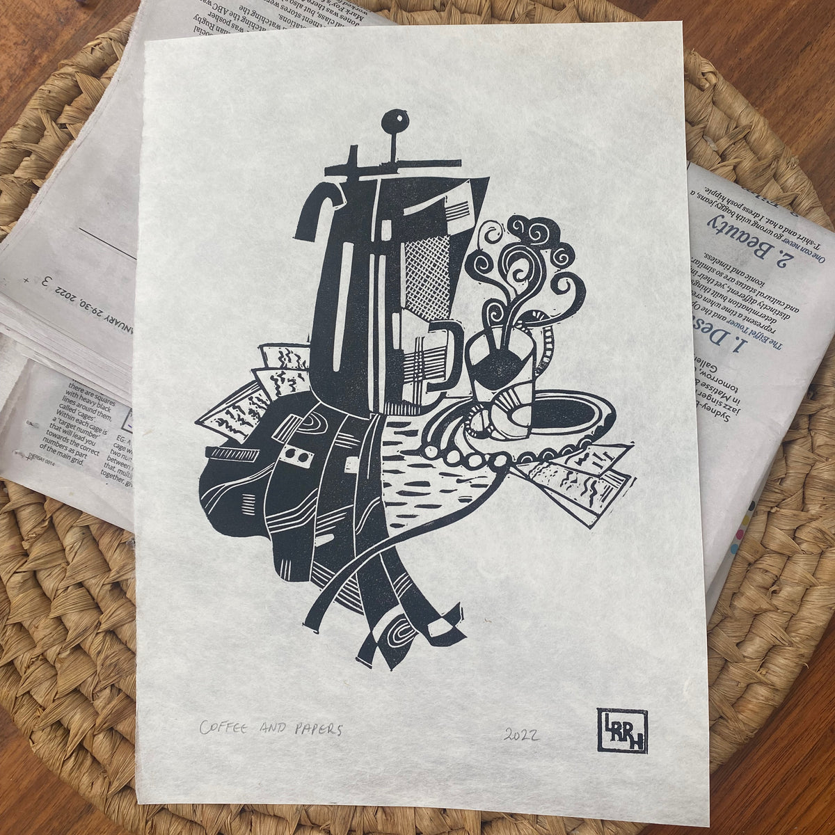 &#39;Coffee and Papers&#39; - Original Linoprint