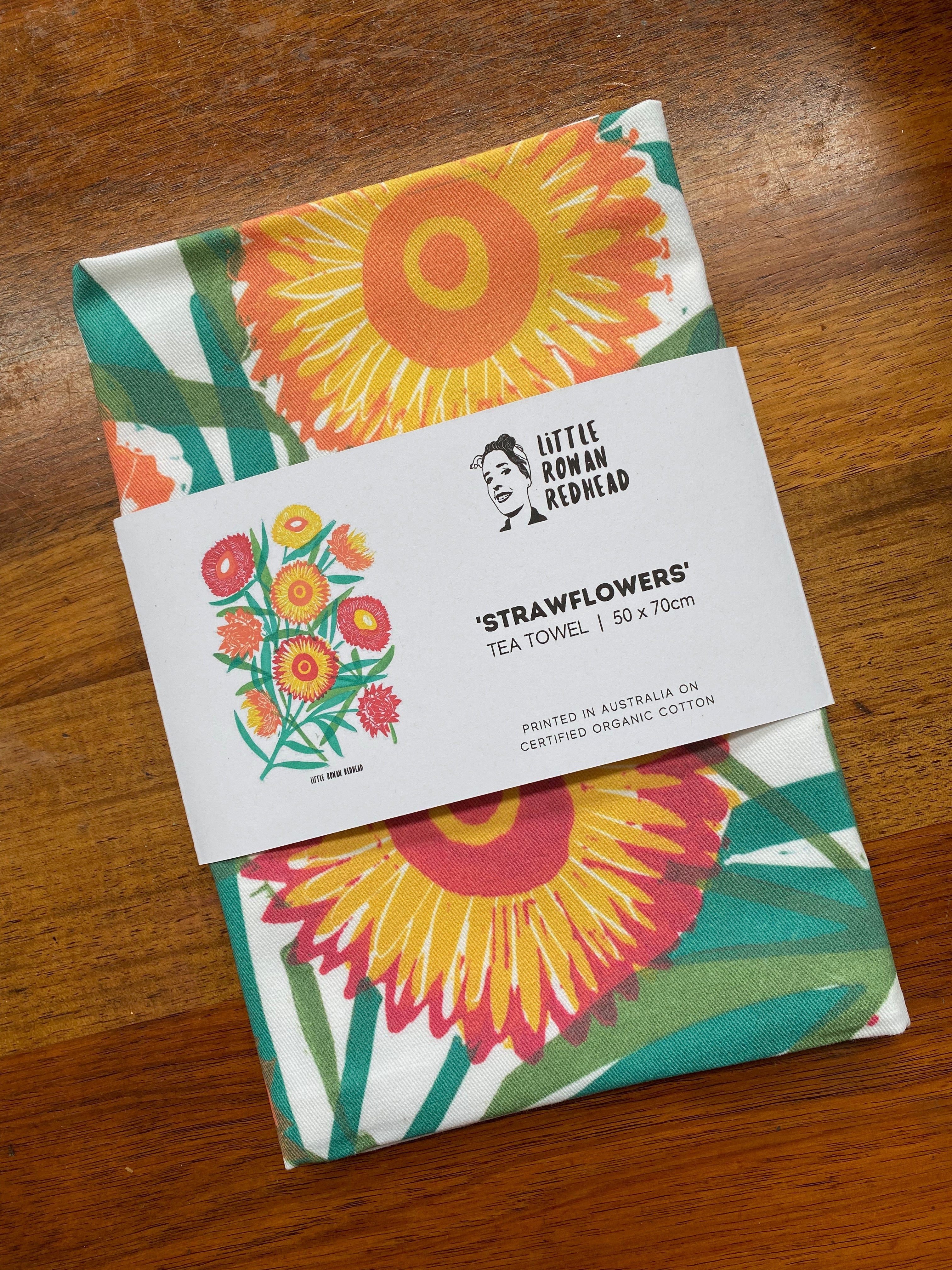 Organic cotton tea towel - Spring Strawflowers - Little Rowan Redhead