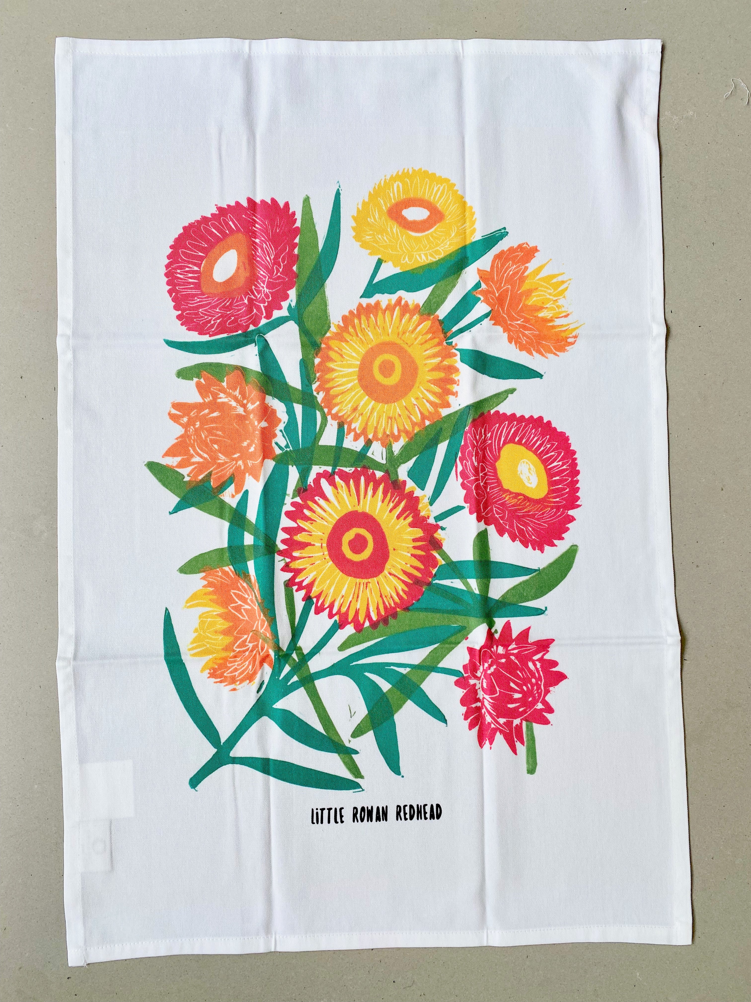 Organic cotton tea towel - Spring Strawflowers - Little Rowan Redhead