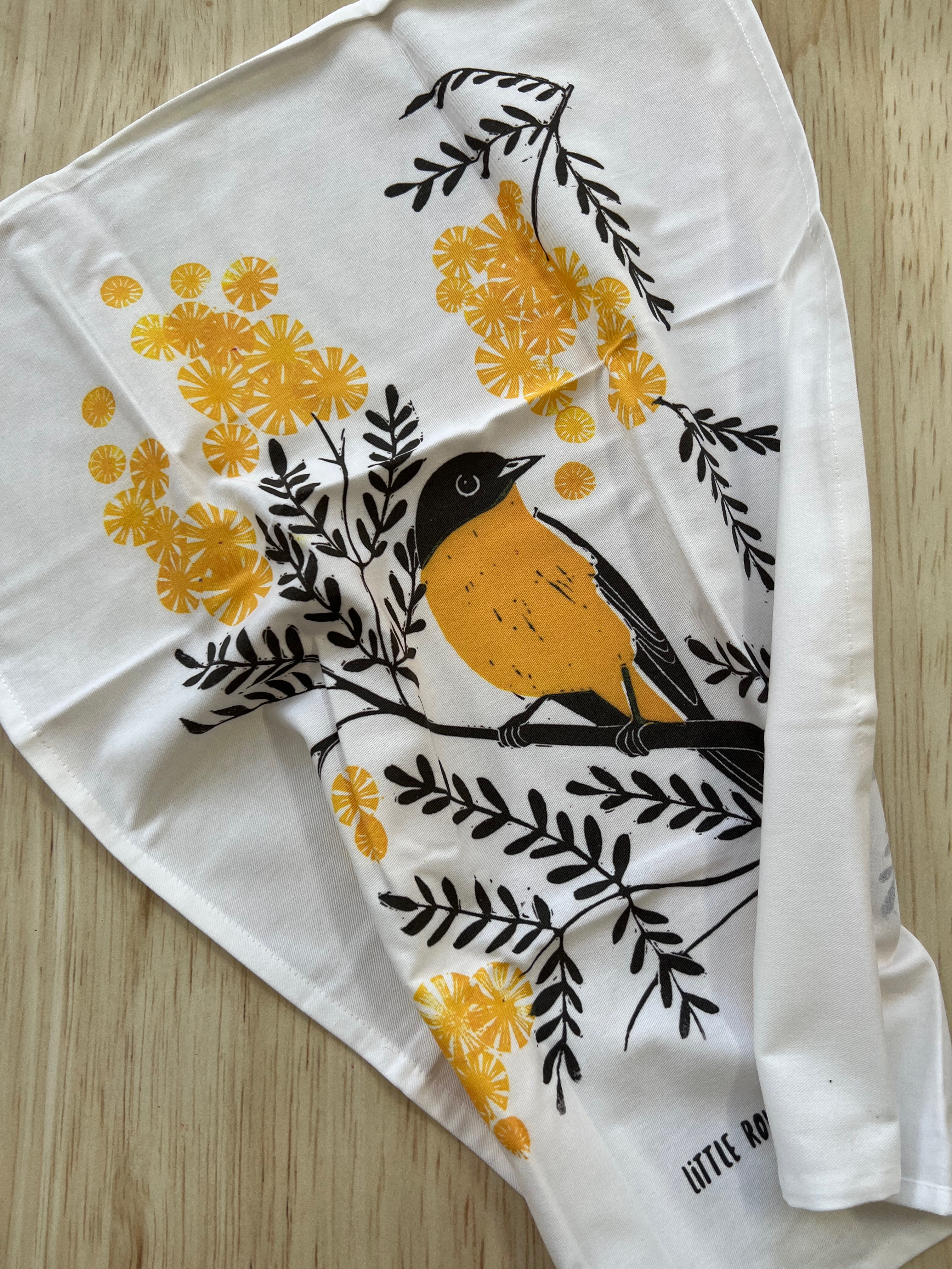 Eastern Yellow Robin and Wattle Tea Towel - Little Rowan Redhead
