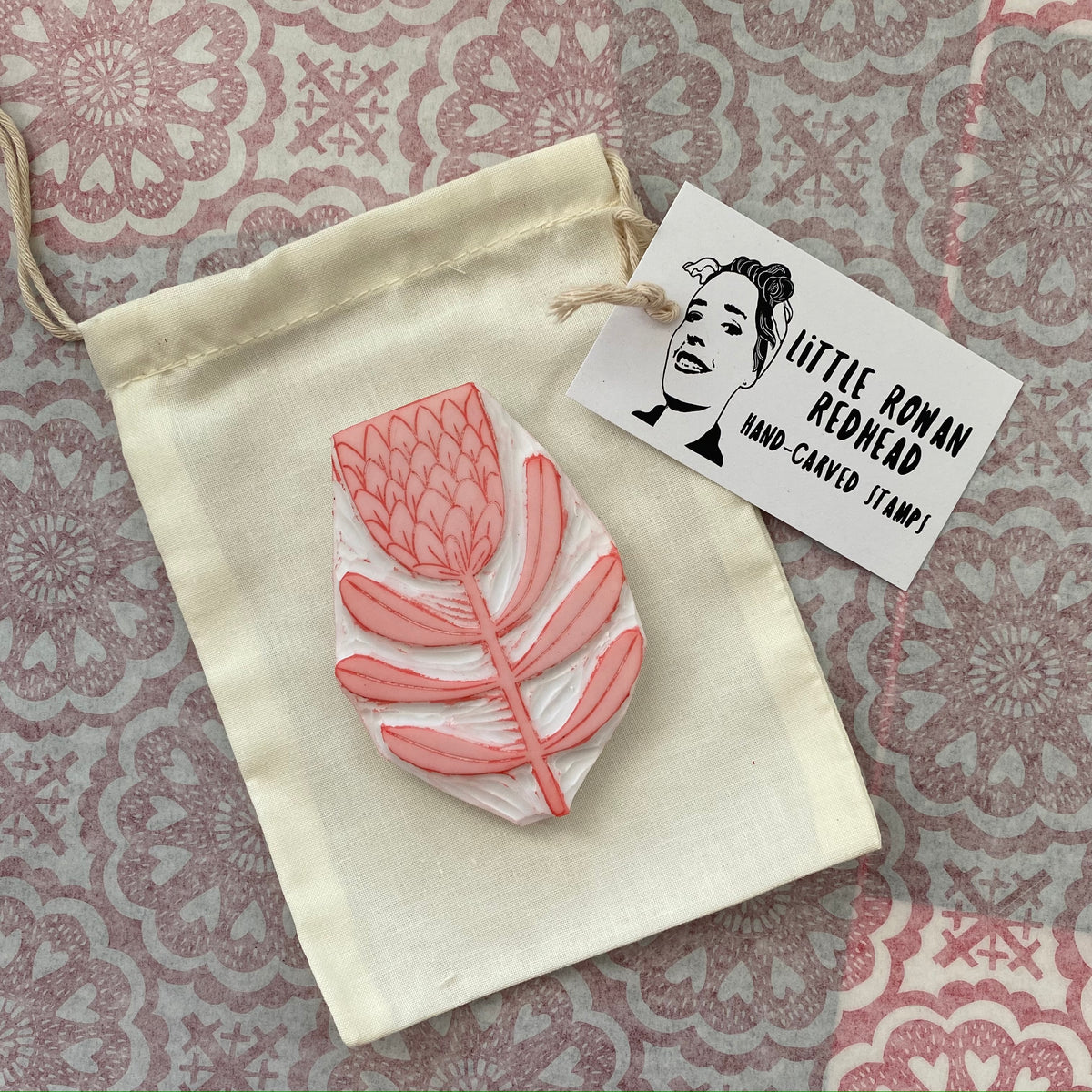 Handmade Protea Rubber Stamp, hand carved flower stamp