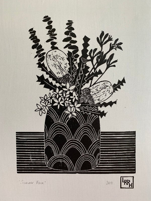 Linoprint artwork featuring a still life of a vase containing Australian flowers.