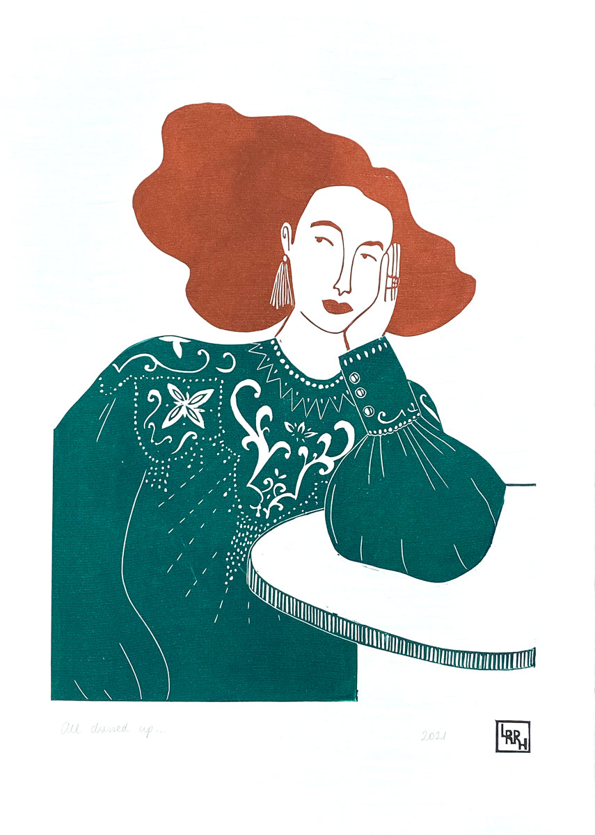 &#39;All dressed up&#39; Linoprint, original artwork, handmade in Sydney