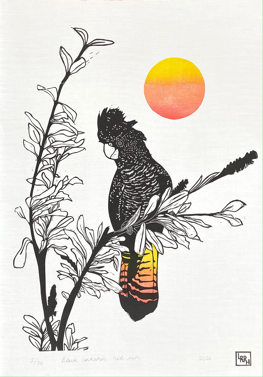 Black Cockatoo, Red Sun Linoprint, original artwork, handmade in Sydney