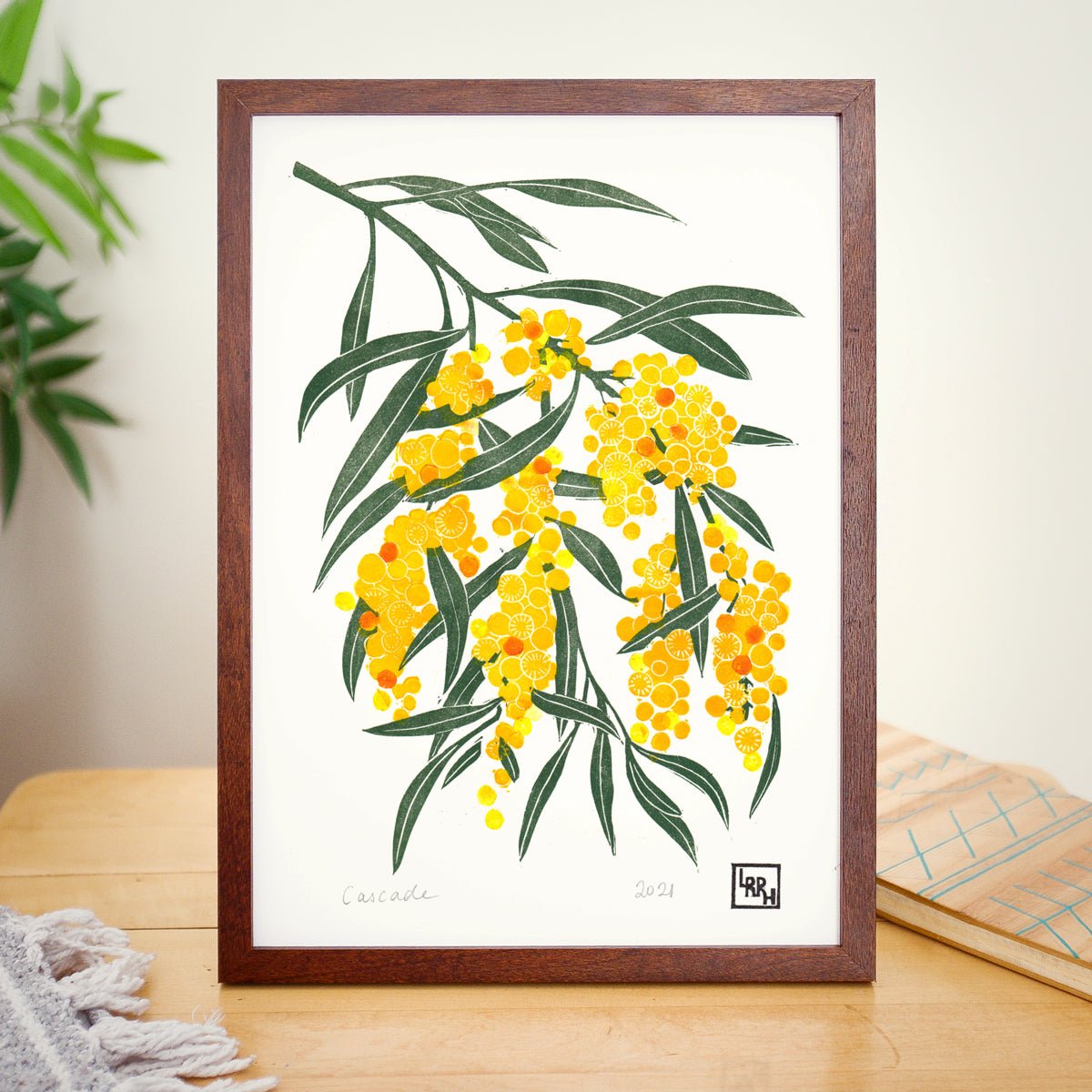 ‘Cascade’- Golden Wattle Linoprint - Little Rowan Redhead