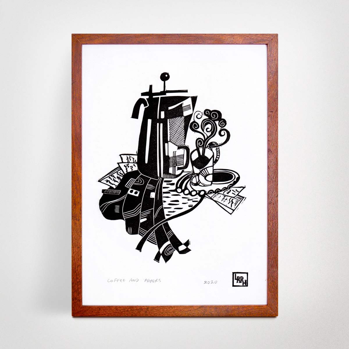 &#39;Coffee and Papers&#39; - Original Linoprint