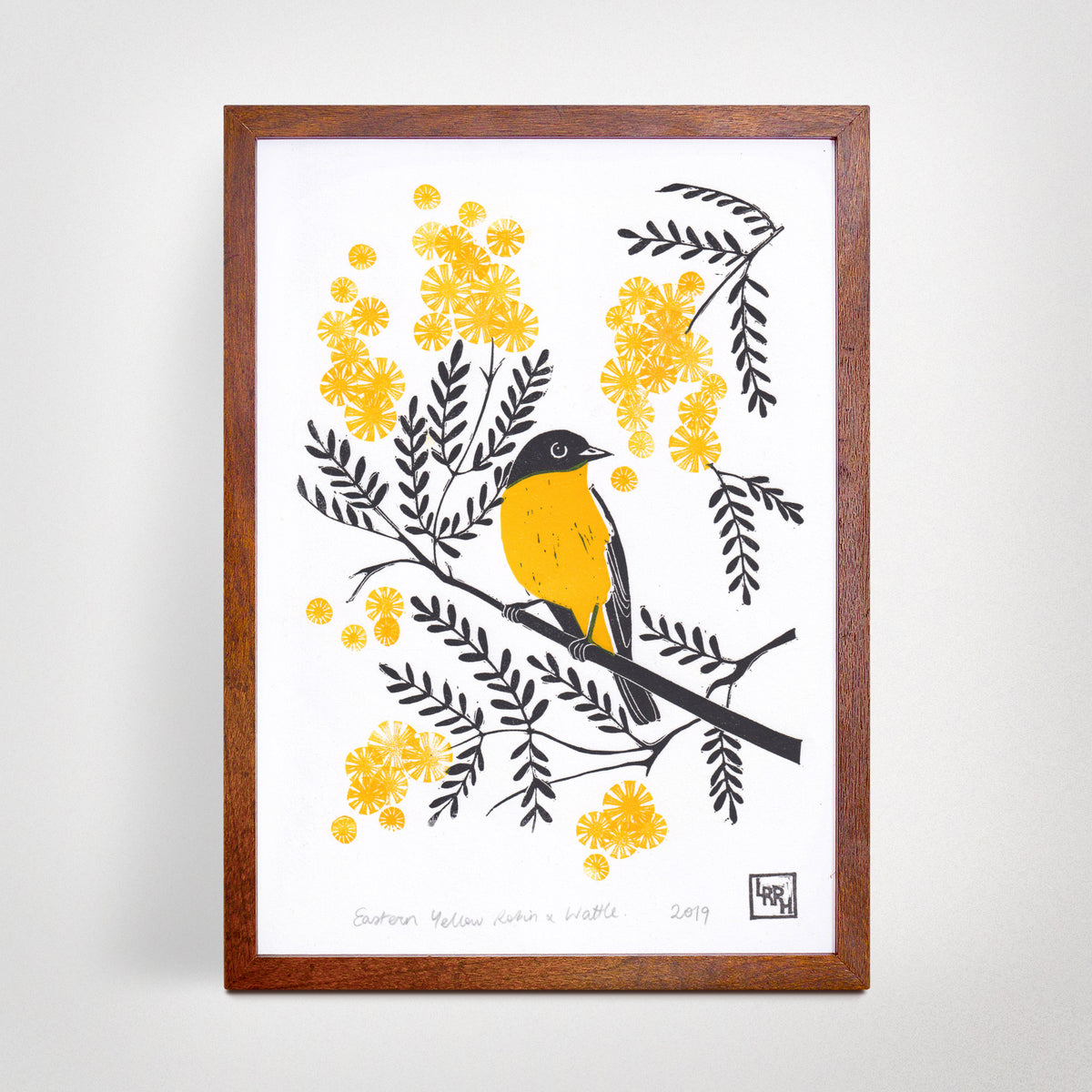 &#39;Eastern Yellow Robin and Wattle&#39; Linoprint, Australian native bird, original artwork, handmade in Sydney