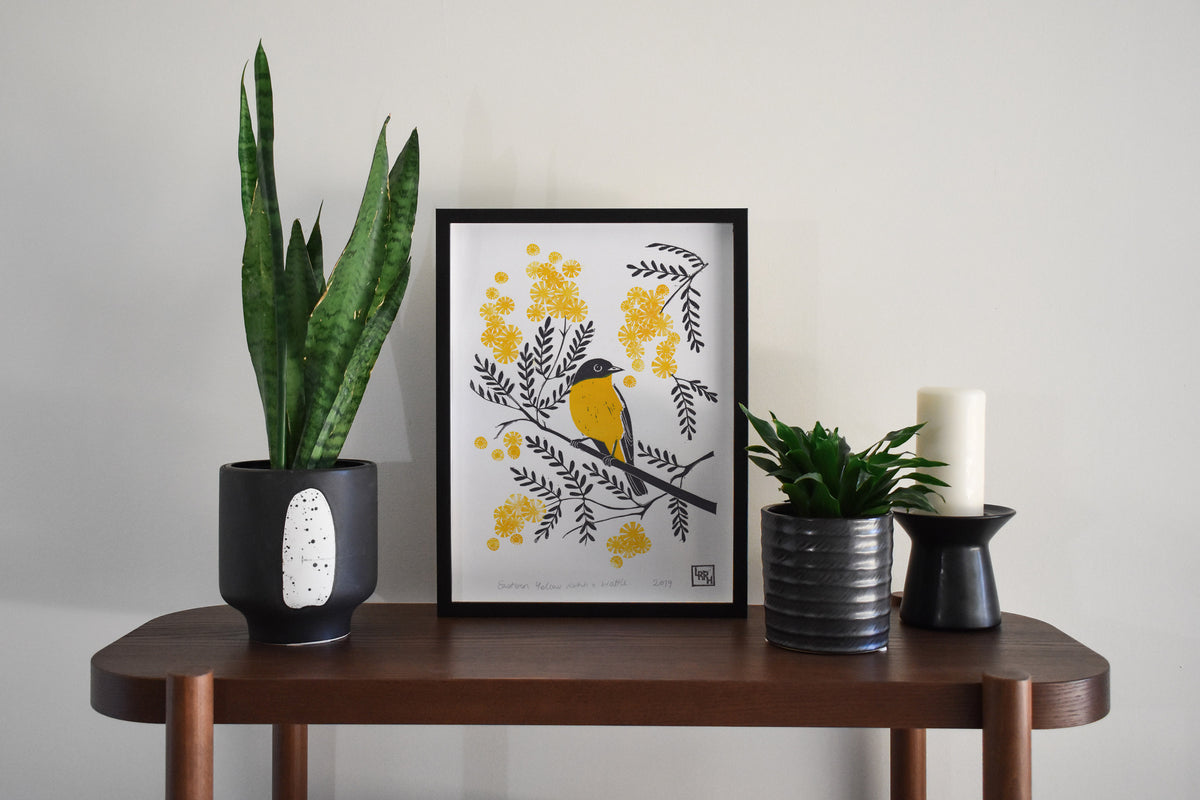 &#39;Eastern Yellow Robin and Wattle&#39; Linoprint, Australian native bird, original artwork, handmade in Sydney