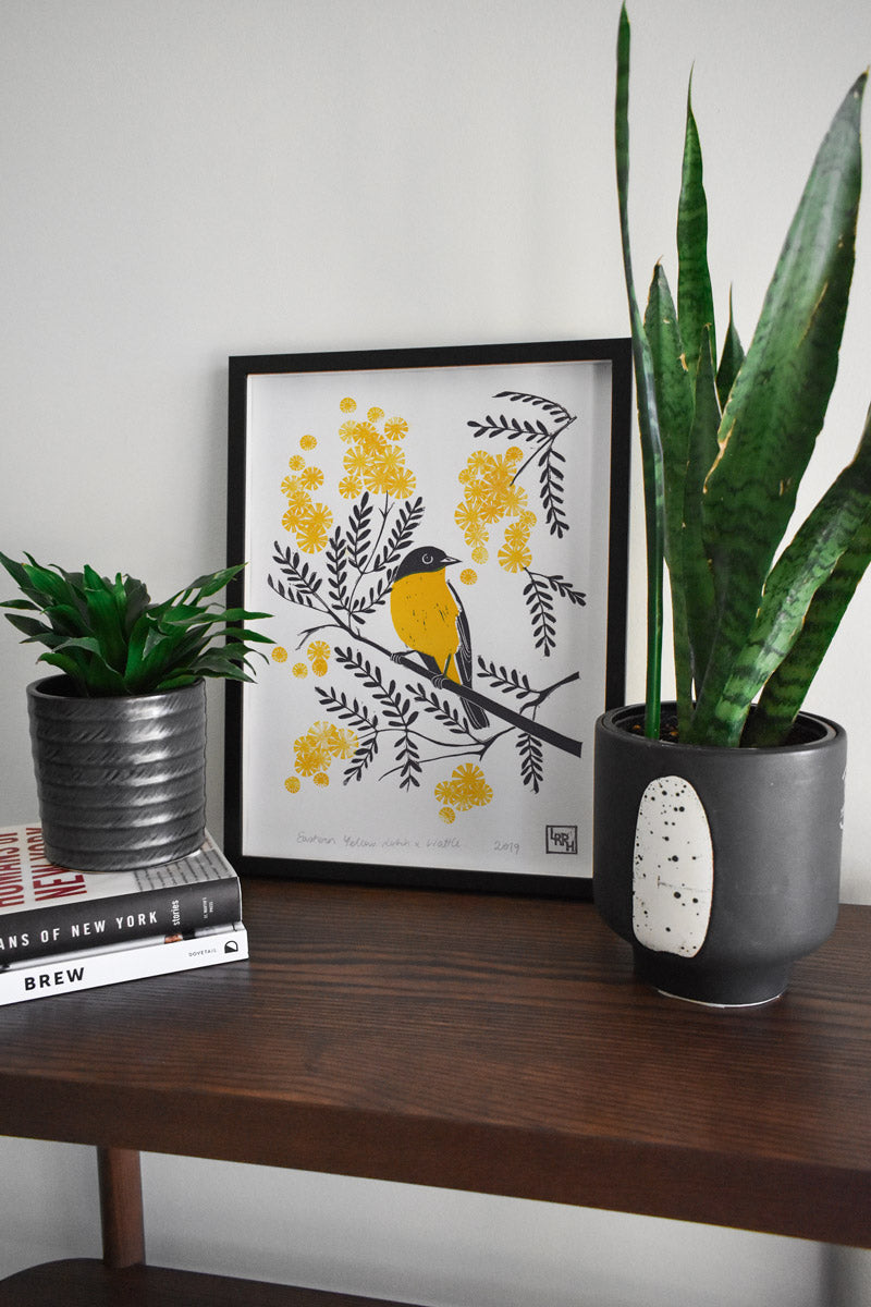 &#39;Eastern Yellow Robin and Wattle&#39; Linoprint, Australian native bird, original artwork, handmade in Sydney