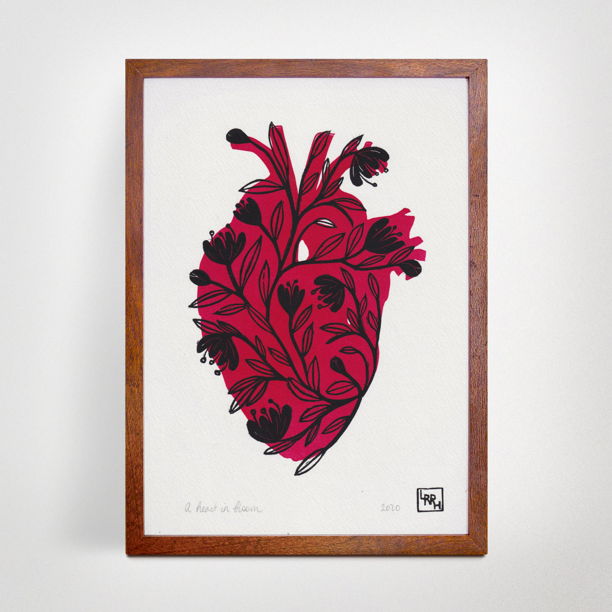 Flowers and heart linoprint, original artwork, handmade in Sydney