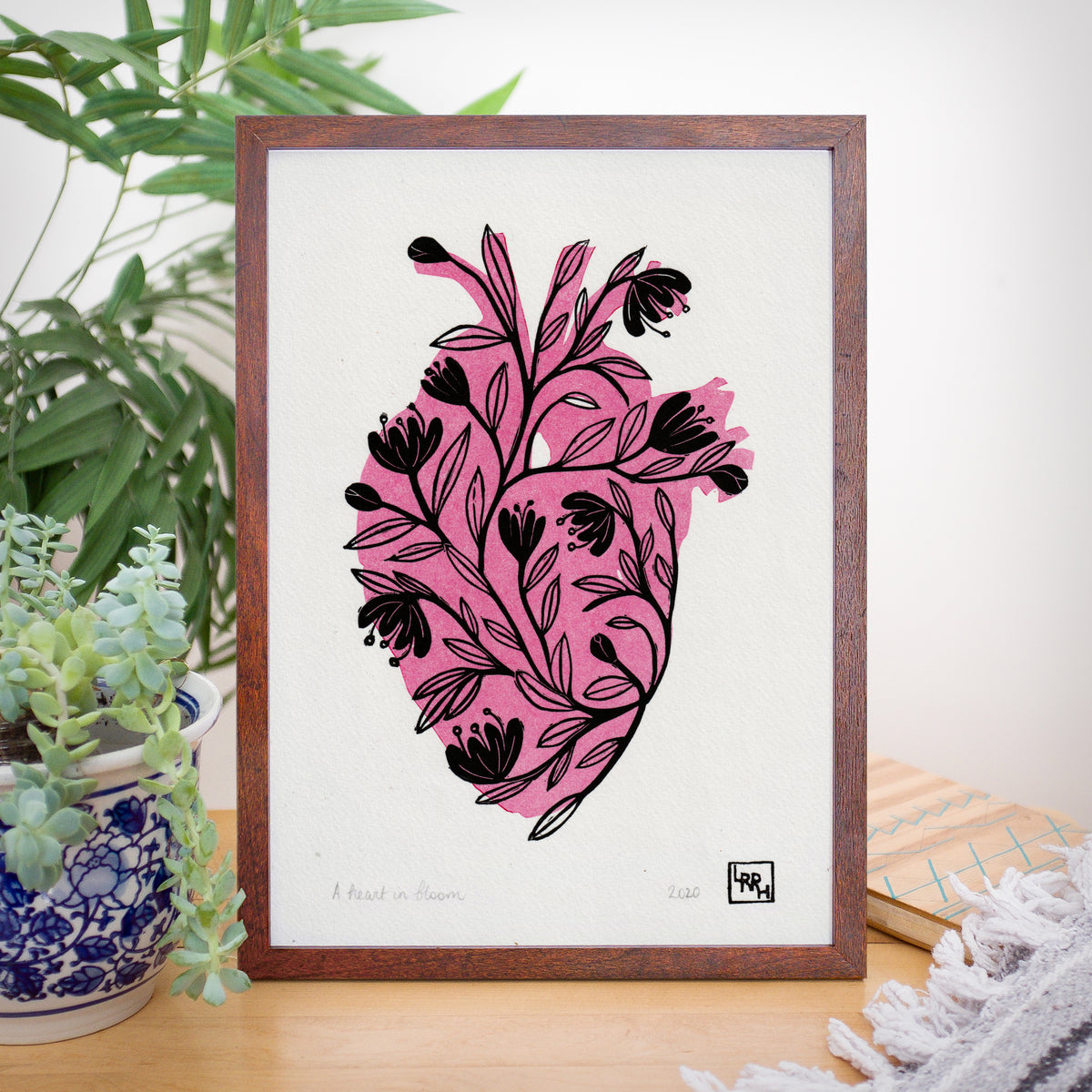 Flowers and heart linoprint, original artwork, handmade in Sydney