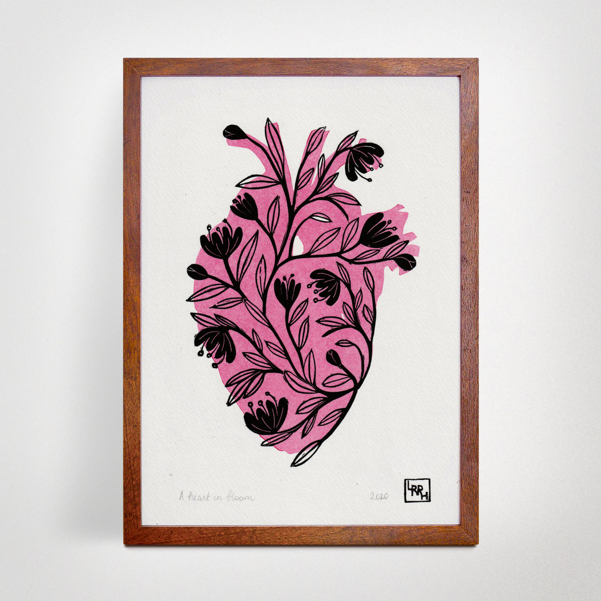 Flowers and heart linoprint, original artwork, handmade in Sydney