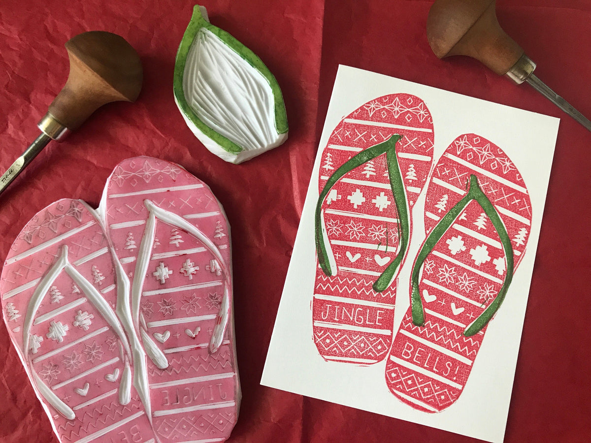 Funny Australian Christmas Card, Linoprinted Card, Christmas Thongs Card