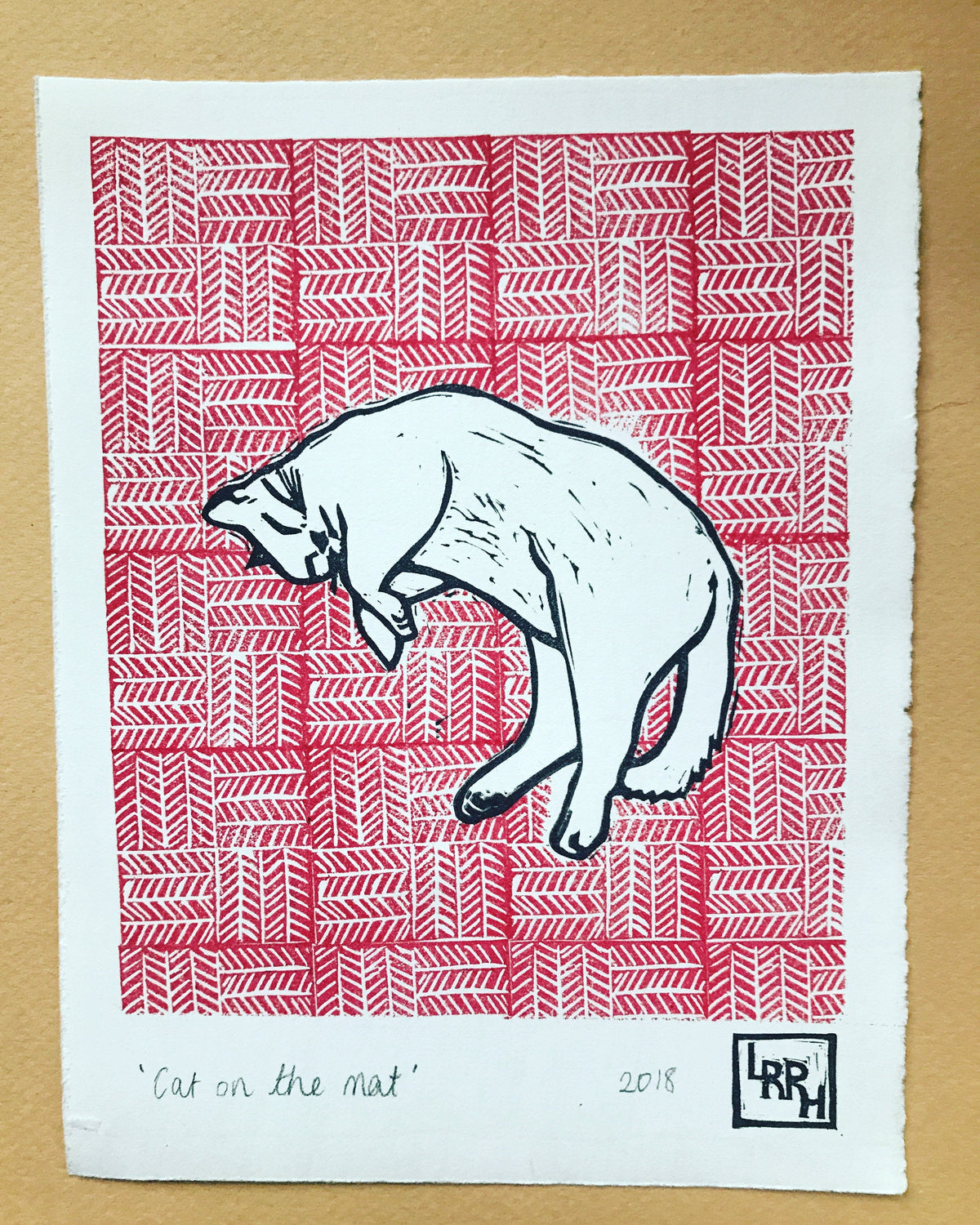 Cat on the Mat - Original Linoprint