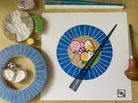 Process shot showing the finished ramen linoprint and the stamps used to make the print, made in Australia
