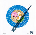 Modern food art, linoprint of a bowl of ramen and chopsticks, made in Australia