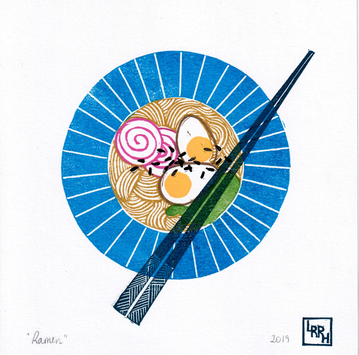 Modern food art, linoprint of a bowl of ramen and chopsticks, made in Australia