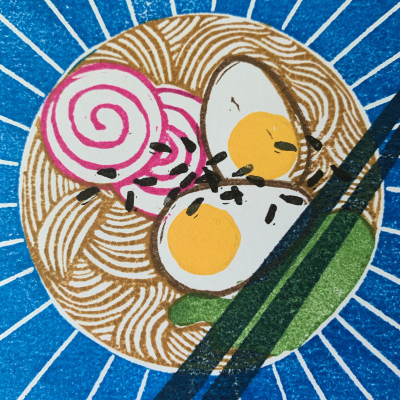 Image includes close-up of the details of the bowl of ramen linoprint, including eggs, noodles and sesame seeds, made in Australia