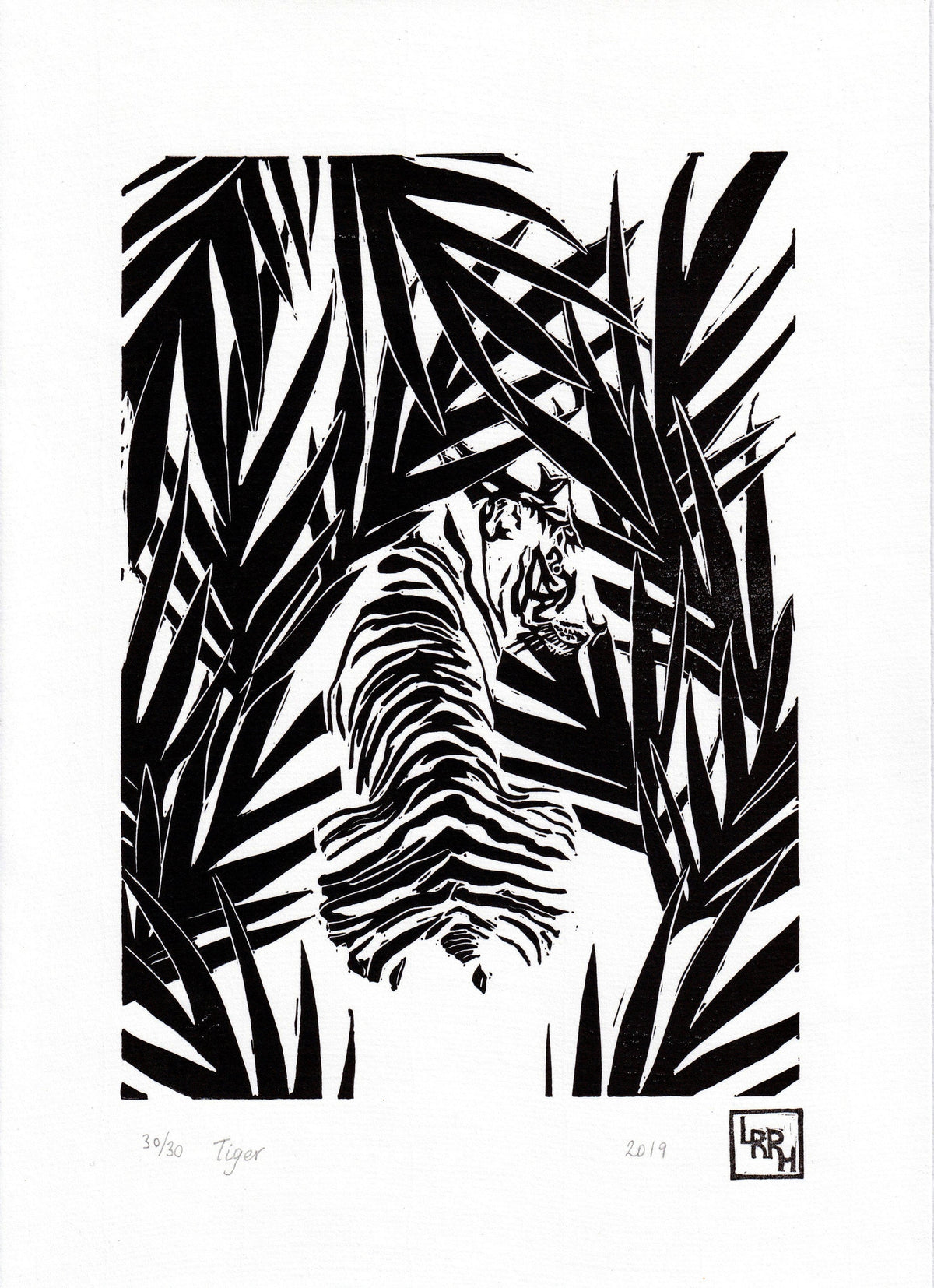 Jungle tiger linocut print, wild animal handmade linoprint, limited edition, kids room wall art, tropical wall decor, big cat block print