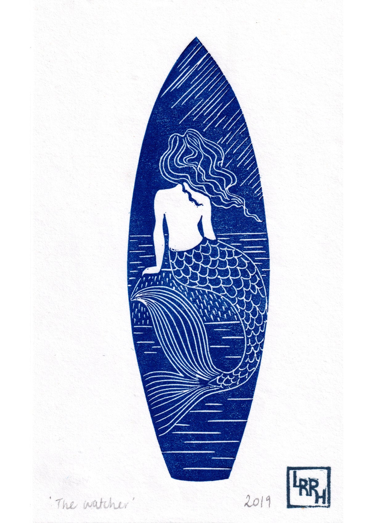 Boho mermaid surfboard design Linocut print, beach house wall art home decor - gift for a surfer or oceanlover