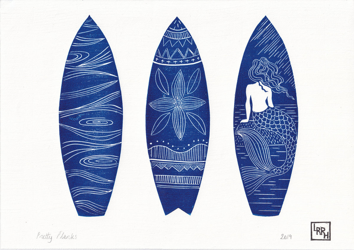 Surfboards Linocut print fathers day gift - beach house wall art home decor, gift for a surfer or ocean lover