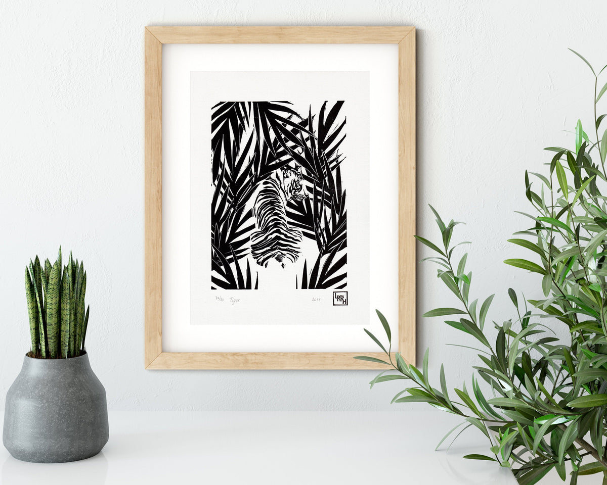 Jungle tiger linocut print, wild animal handmade linoprint, limited edition, kids room wall art, tropical wall decor, big cat block print