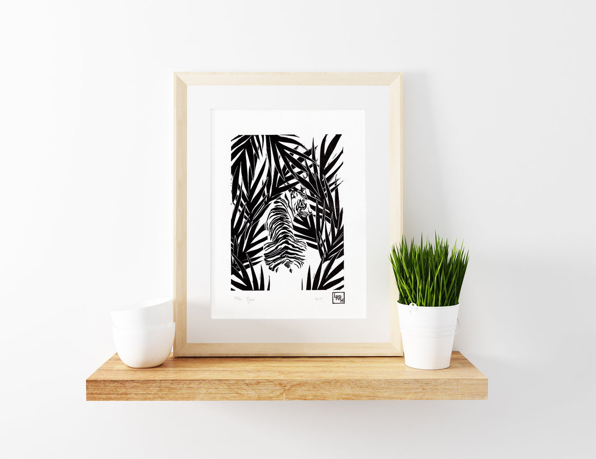 Jungle tiger linocut print, wild animal handmade linoprint, limited edition, kids room wall art, tropical wall decor, big cat block print