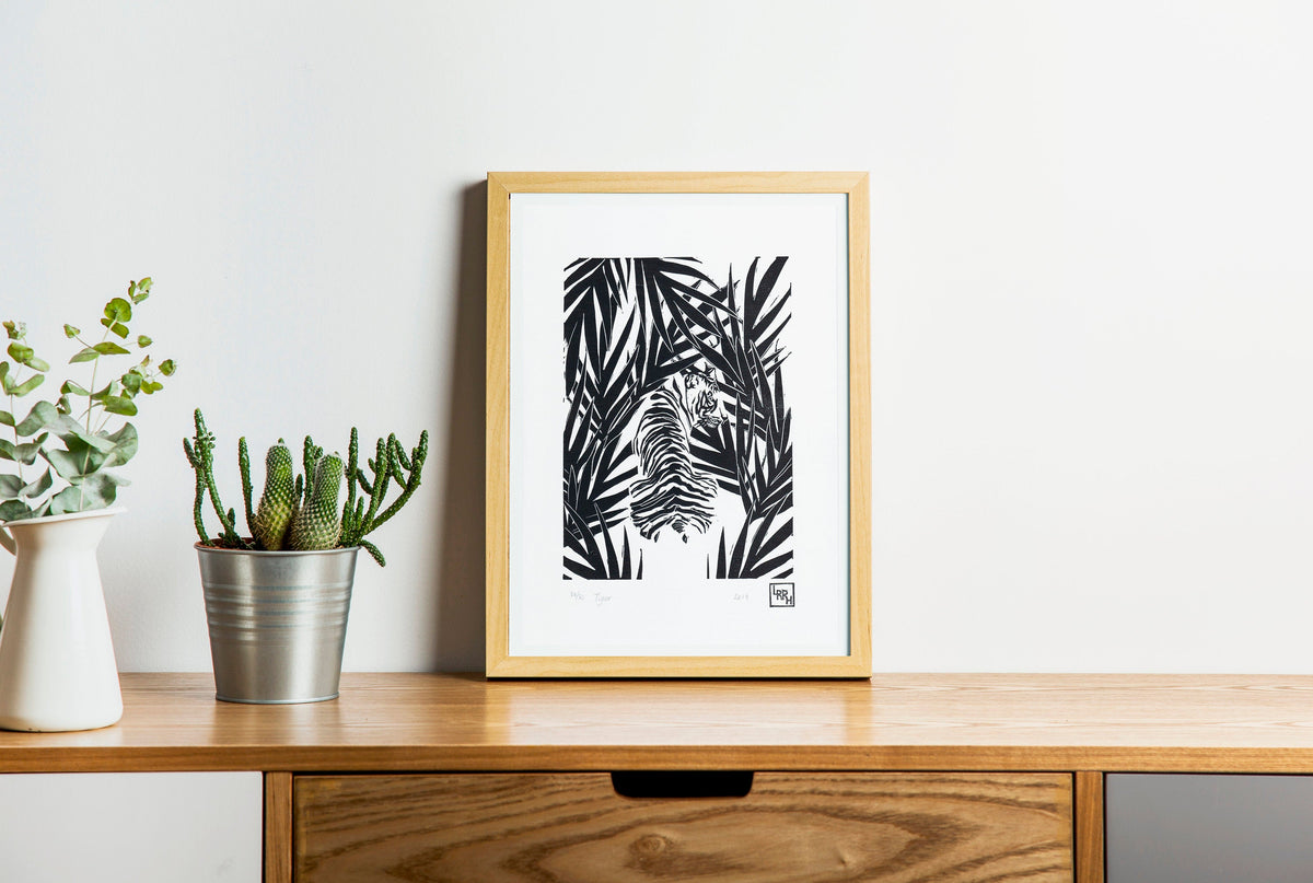 Jungle tiger linocut print, wild animal handmade linoprint, limited edition, kids room wall art, tropical wall decor, big cat block print