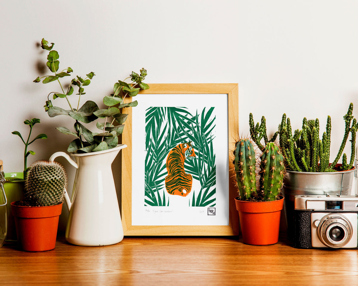 Tiger en couleur - limited edition handmade linoprint