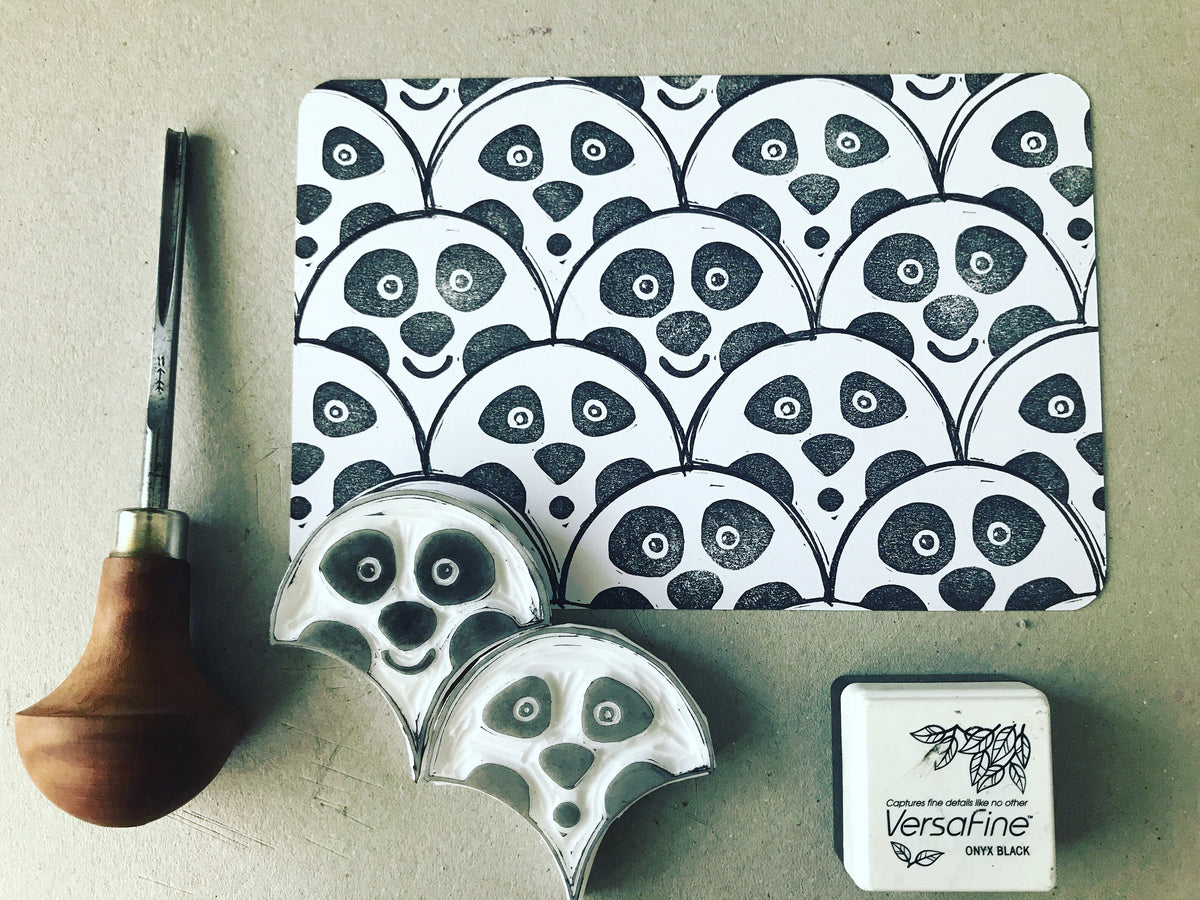 Pandas - hand-carved stamp set, tessellated stamp