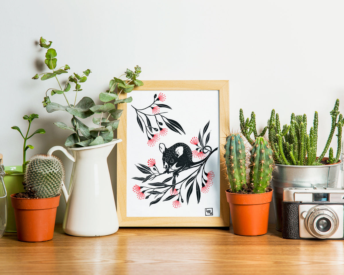 Pygmy Possum and Gum Blossoms - original linoprint