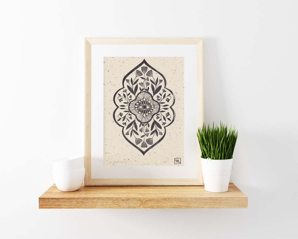 Floral mandala linocut print, meditative art print, handmade in Sydney