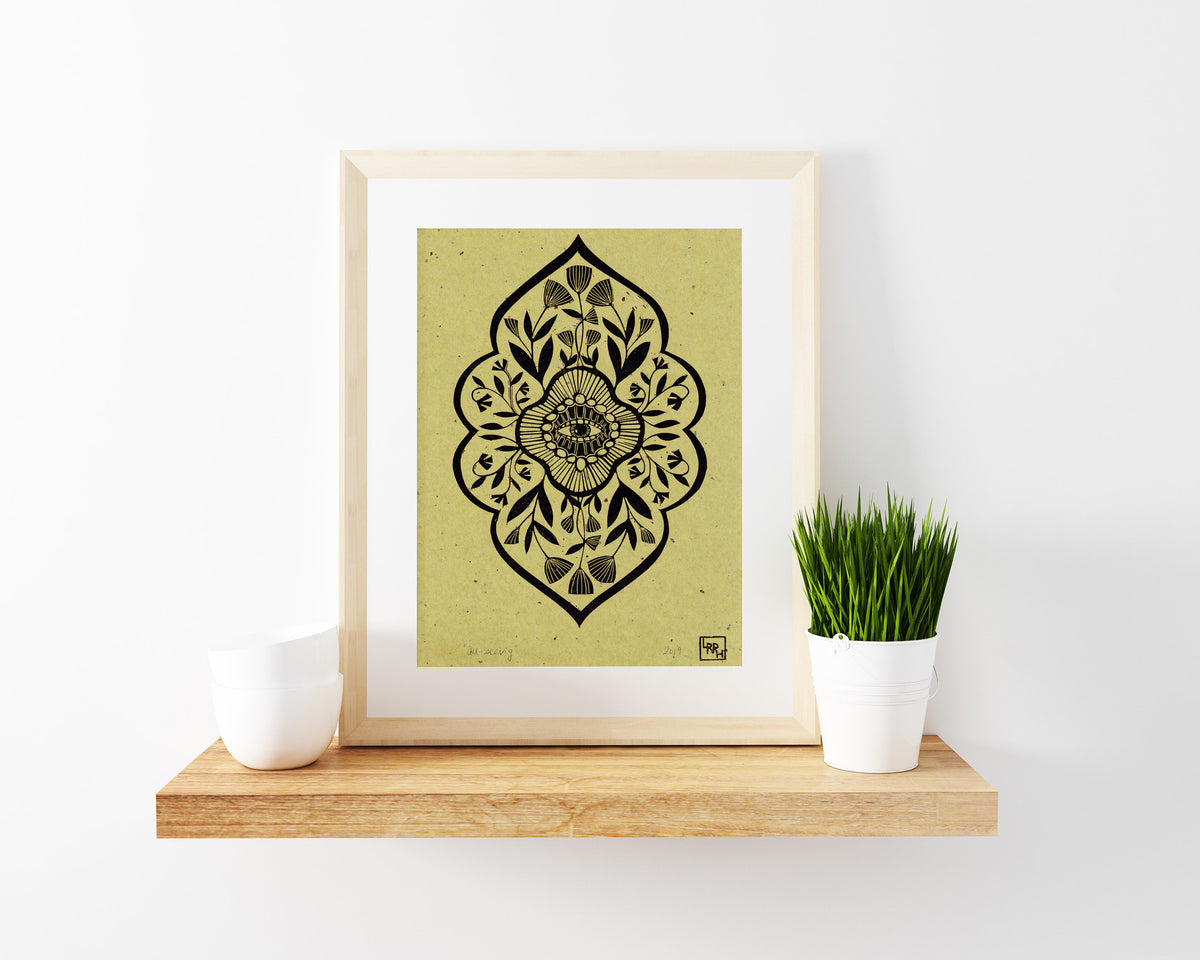 Floral mandala linocut print, meditative art print, handmade in Sydney