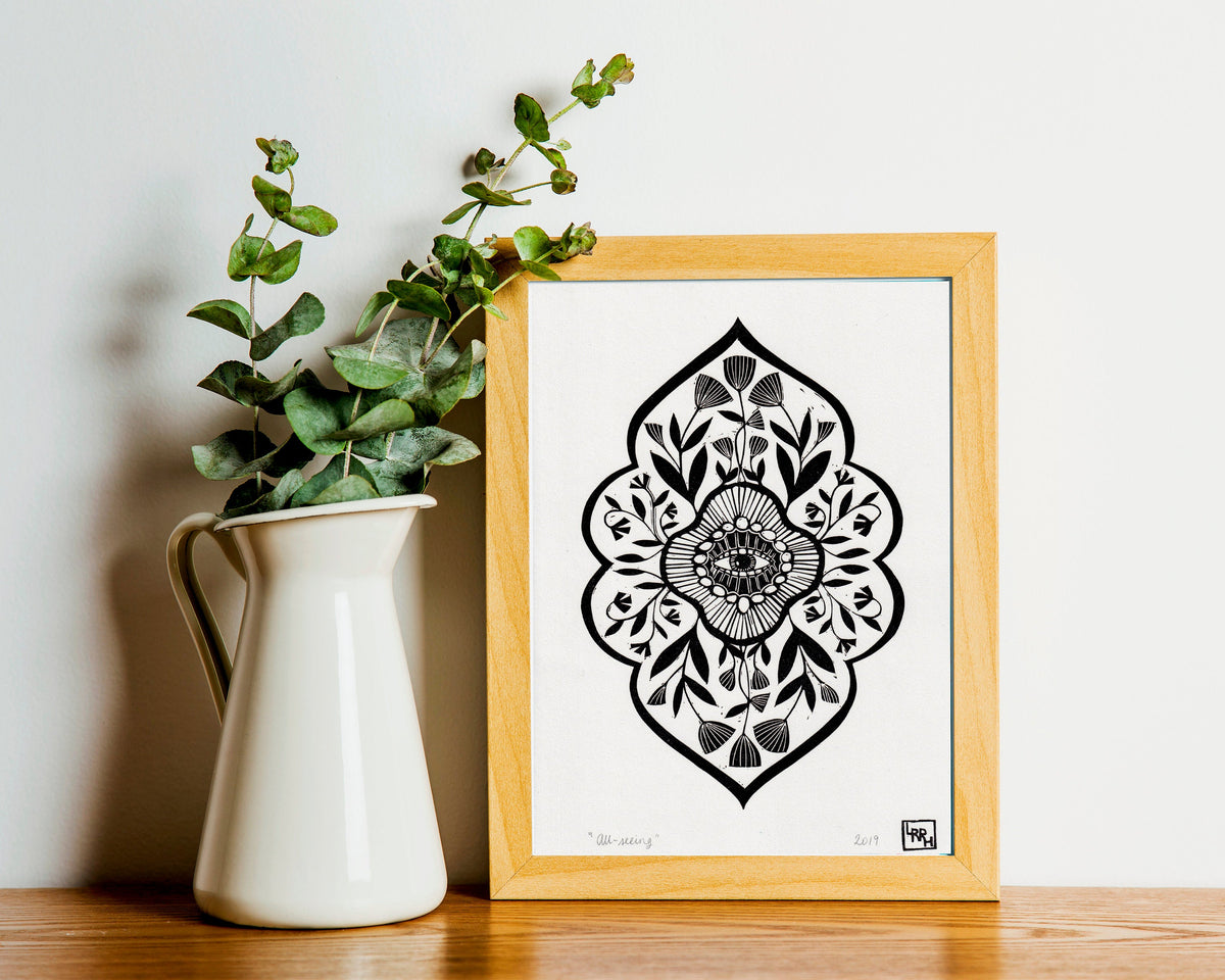 Floral mandala linocut print, meditative art print, handmade in Sydney