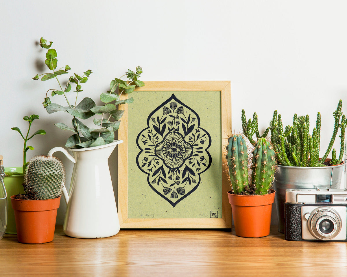 Floral mandala linocut print, meditative art print, handmade in Sydney