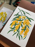 ‘Cascade’- Golden Wattle Linoprint - Little Rowan Redhead