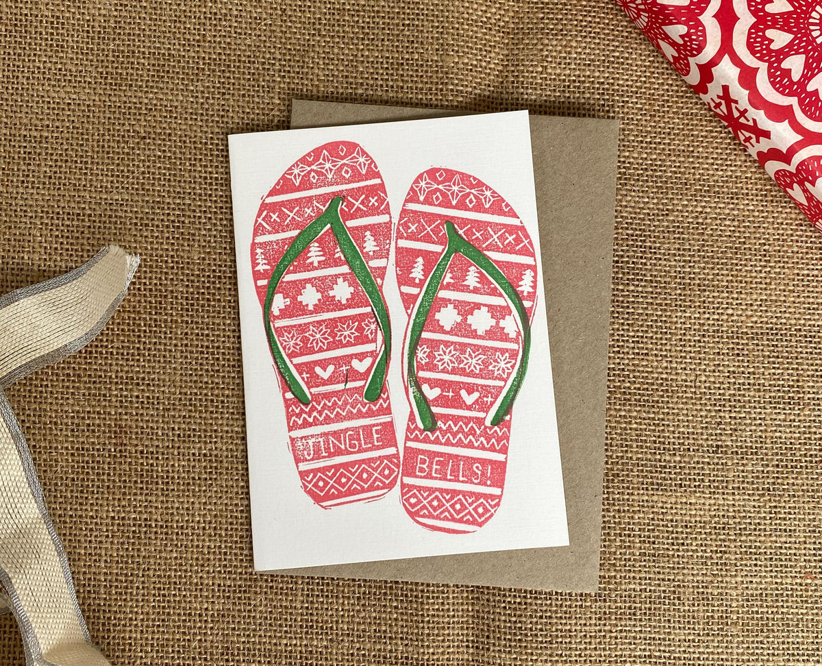 Funny Australian Christmas Card, Linoprinted Card, Christmas Thongs Card