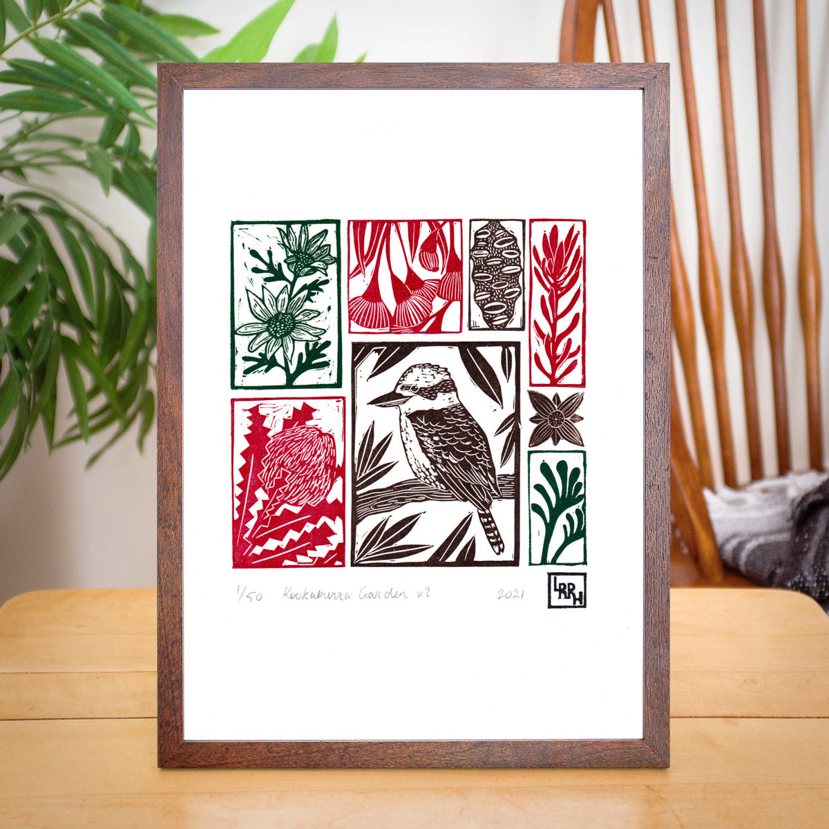 Kookaburra Garden (Multi-coloured) - Australian wall art, original art, limited edition, linoprint, home decor