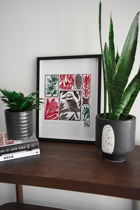 Kookaburra Garden (Multi-coloured) - Australian wall art, original art, limited edition, linoprint, home decor