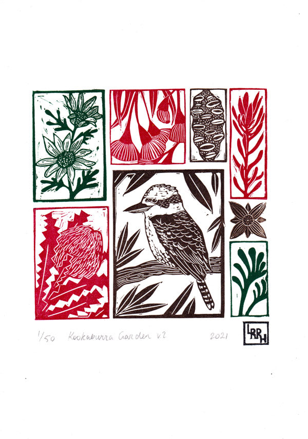Kookaburra Garden (Multi-coloured) - Australian wall art, original art, limited edition, linoprint, home decor