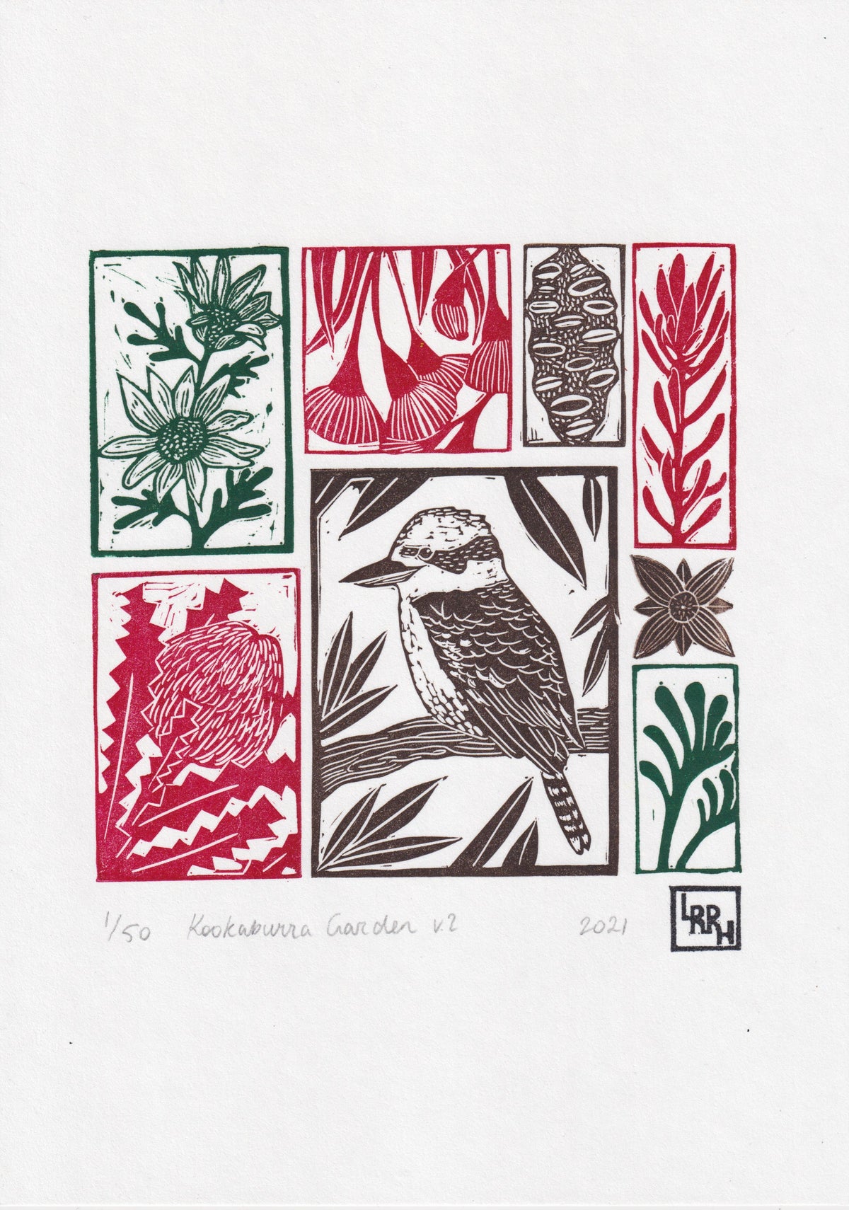 Kookaburra Garden (Multi-coloured) - Australian wall art, original art, limited edition, linoprint, home decor