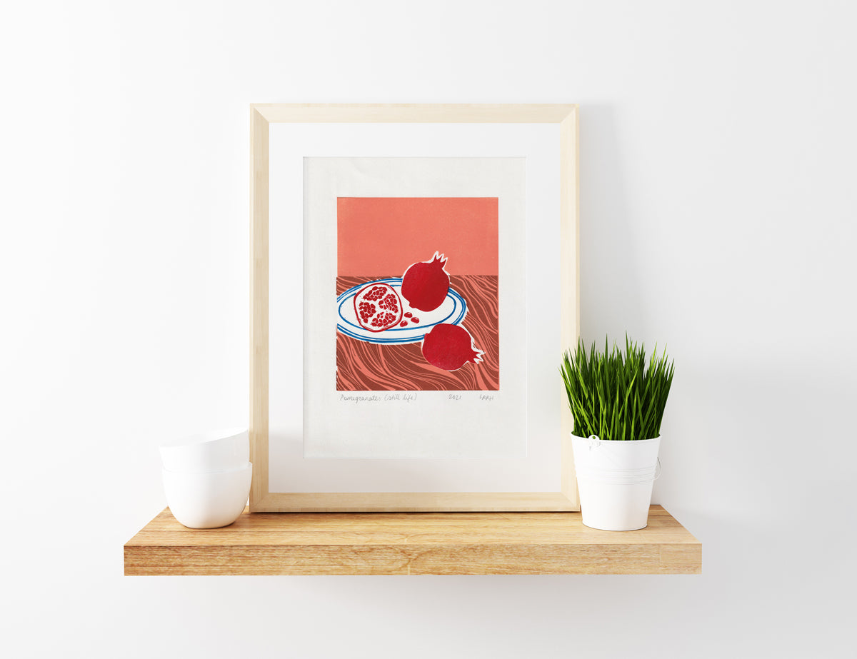 Pomegranate Still Life Linoprint, original artwork, handmade in Sydney