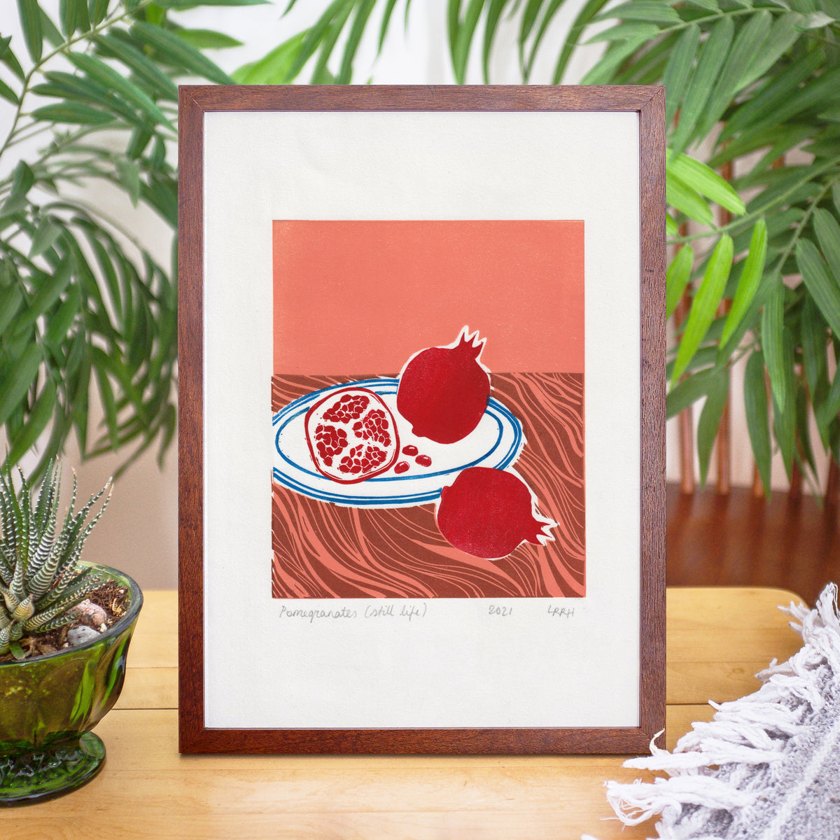 Pomegranate Still Life Linoprint, original artwork, handmade in Sydney
