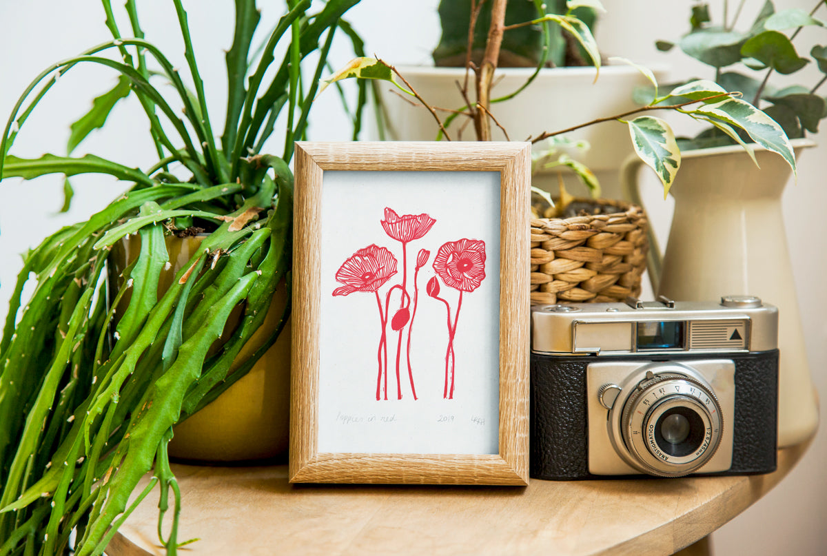 Poppies in Red Linoprint, original artwork, handmade in Sydney