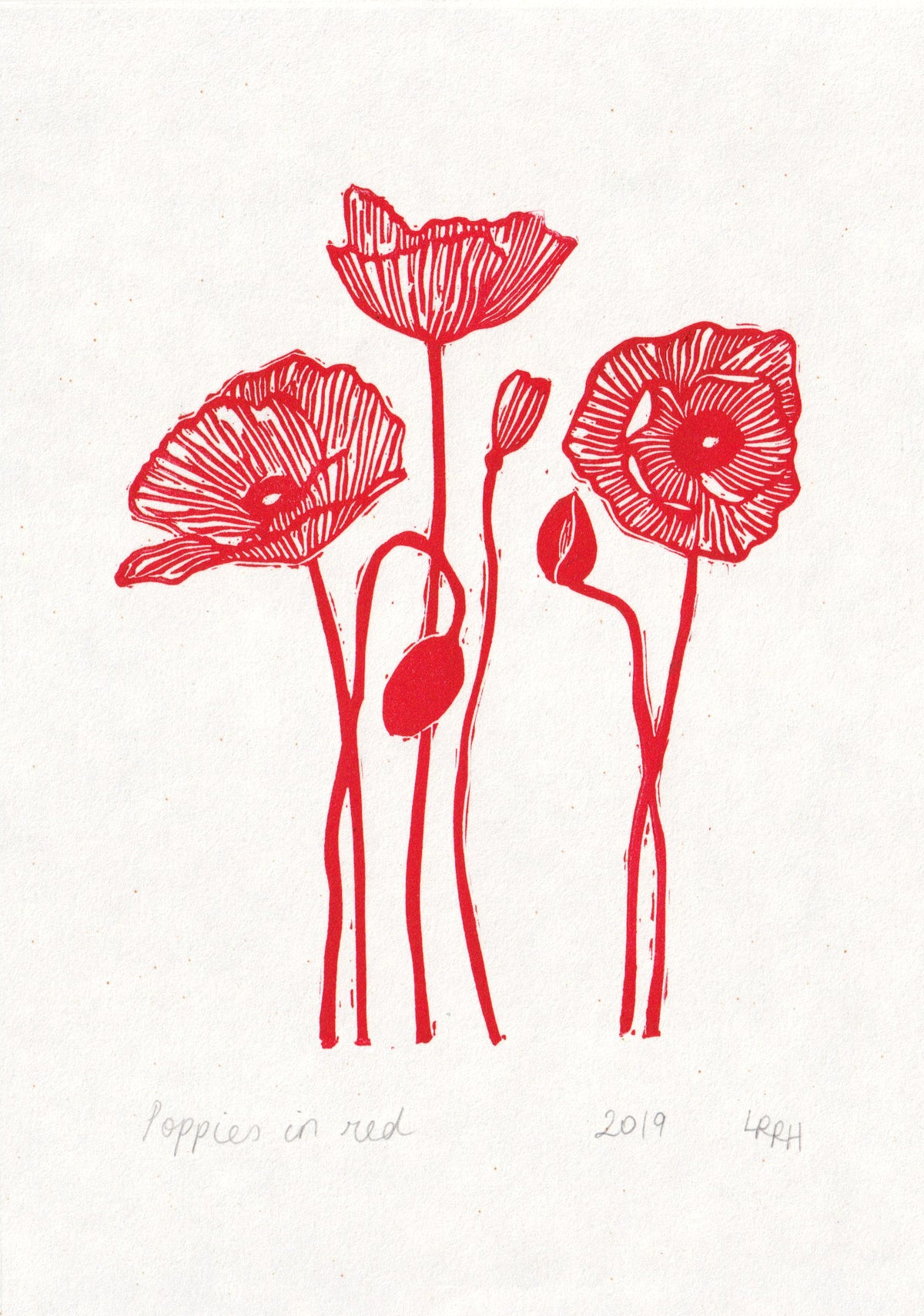 Poppies in Red Linoprint, original artwork, handmade in Sydney