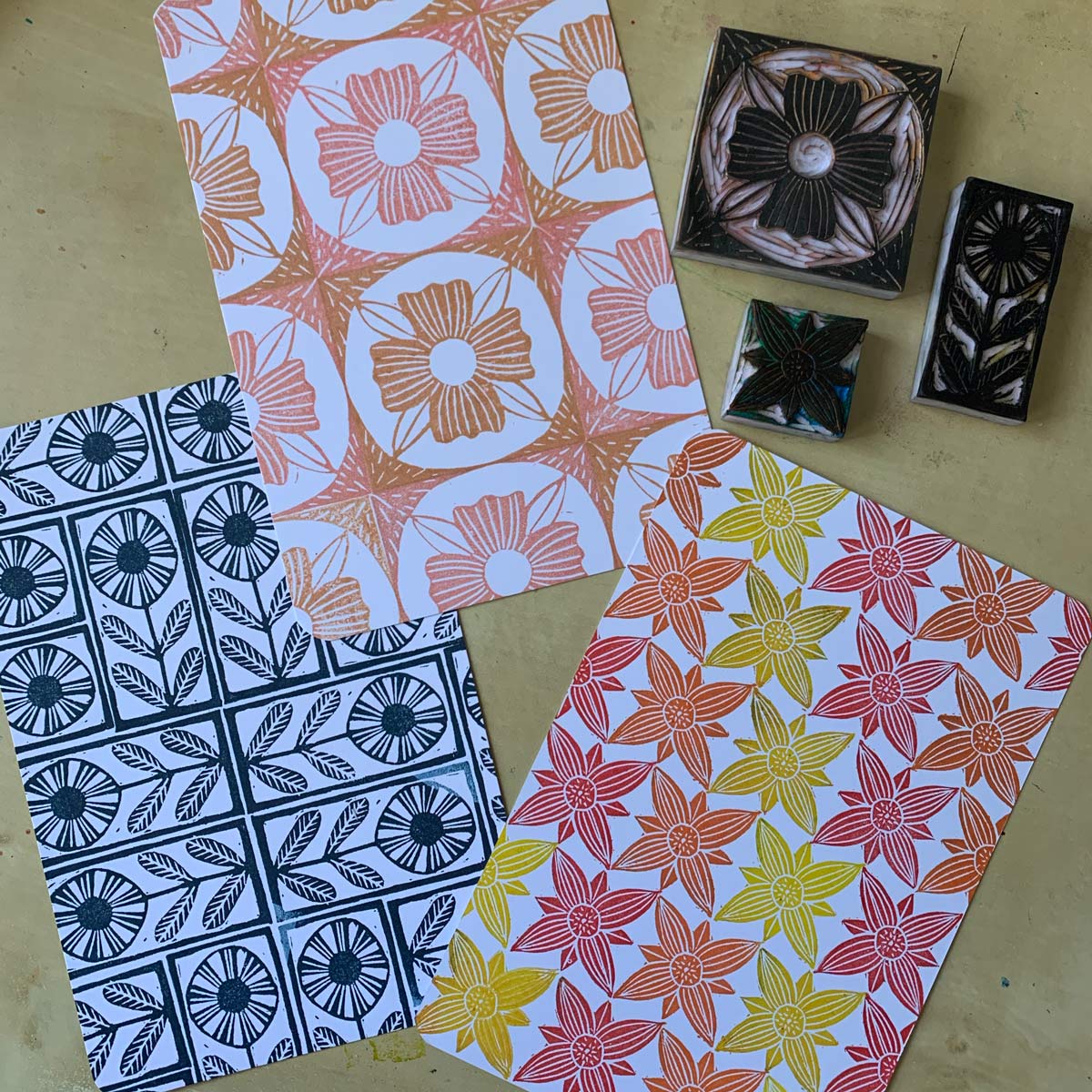 Mosaic flower tile rubber stamps - set of hand carved rubber stamps